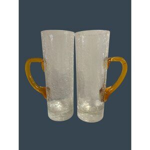 Vintage Crackle Glass Tumbler Pair With Amber Handles